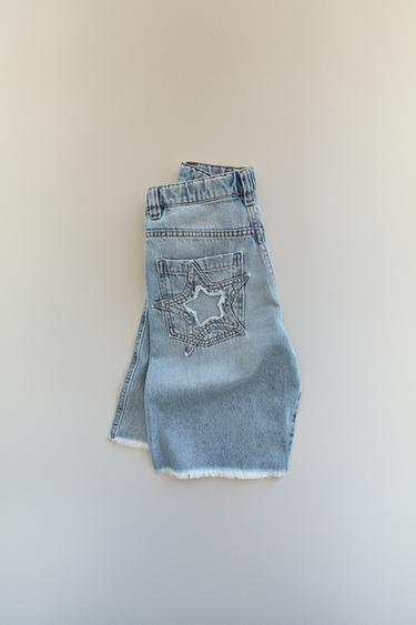 Zara STAR PATCH RELAXED BAGGY DENIM SHORTS - Light blue