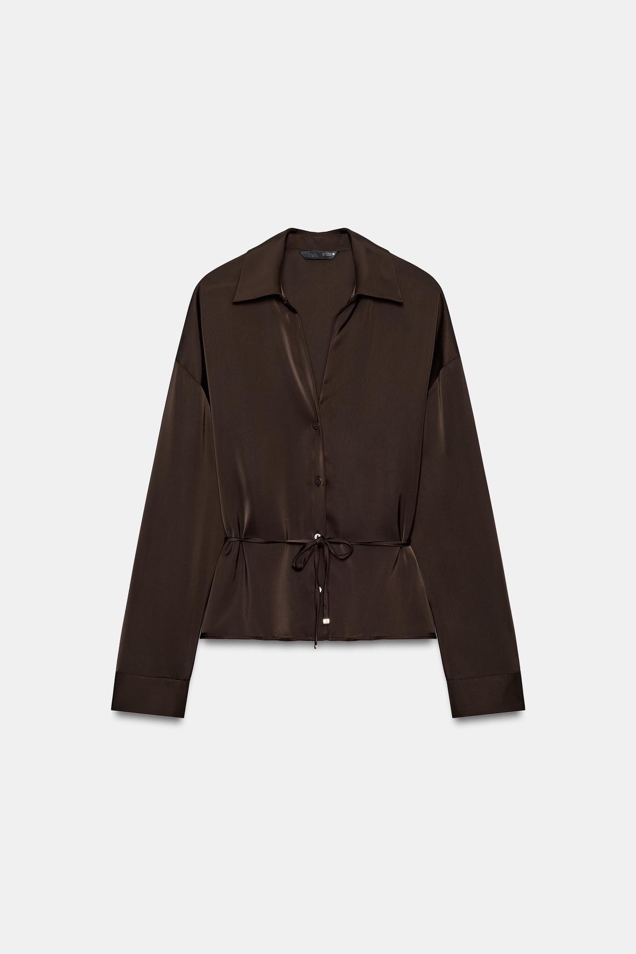SATIN BELTED SHIRT — Brown