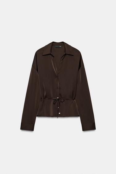 SATIN BELTED SHIRT — Brown 1