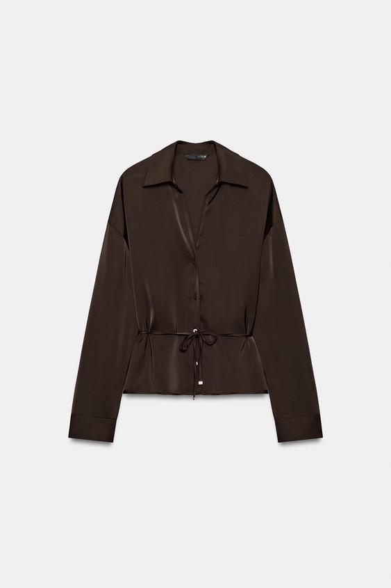 BELTED SATIN SHIRT - Brown by Zara - Image 0