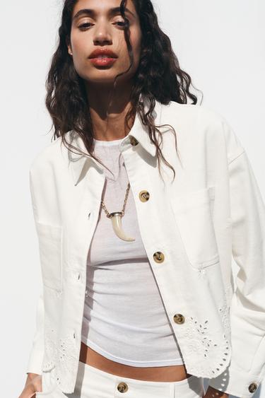 Zara PERFORATED EMBROIDERY JACKET - White