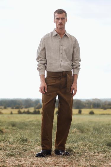 Zara LIMITED EDITION TEXTURED BELTED PANTS - Khaki