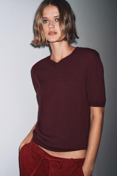 100% WOOL KNIT SHORT SLEEVE TOP - Wine by Zara