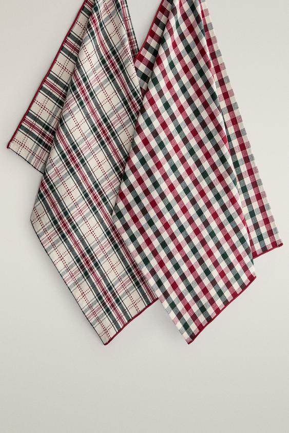 CHRISTMAS CHECK COTTON TEA TOWEL (PACK OF 2) - Green by Zara - Image 0