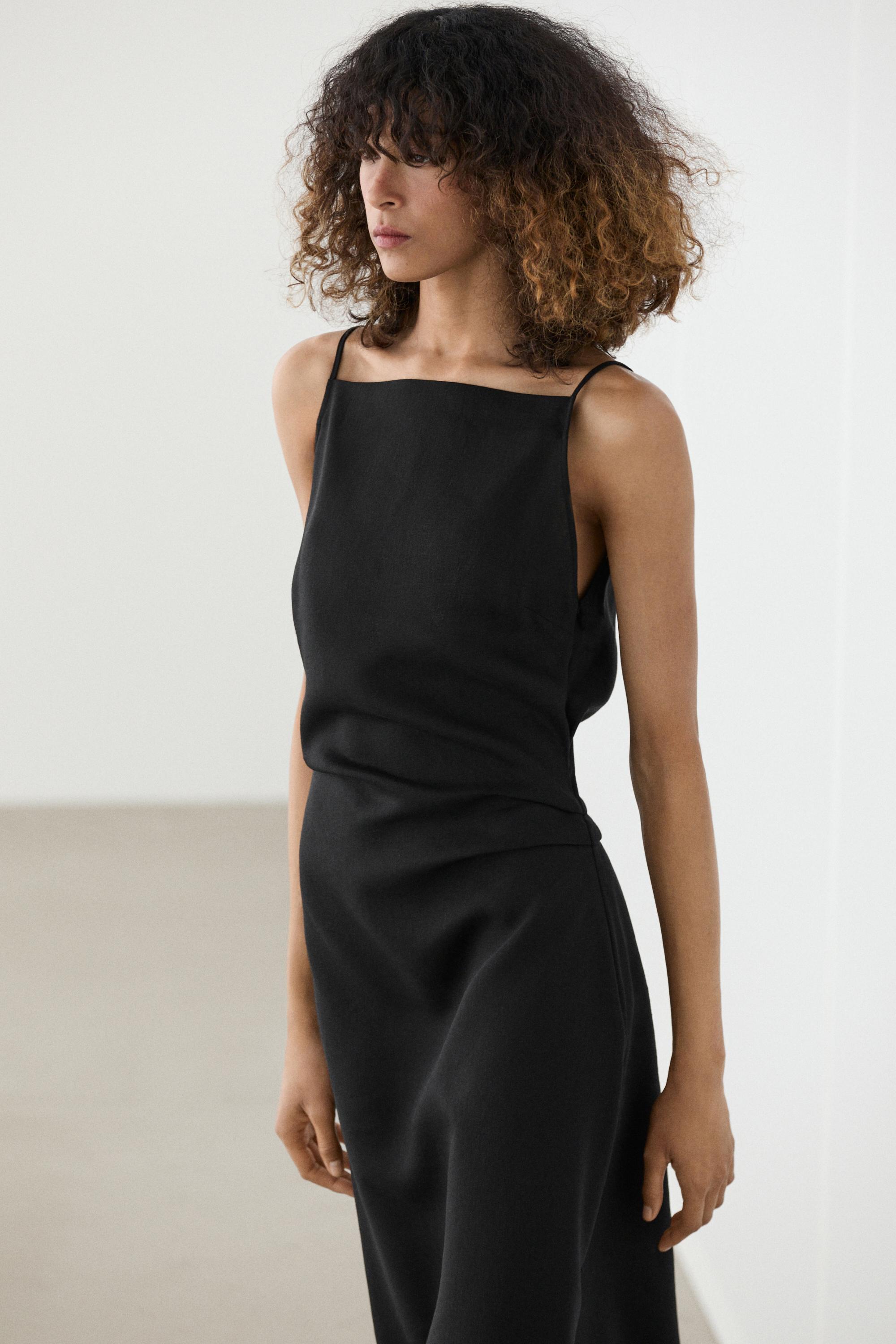 Linen blend spaghetti strap midi dress — Black