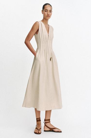 MIDI LINEN BLEND DRESS WITH TUCKS - Light beige by Zara - Image 2