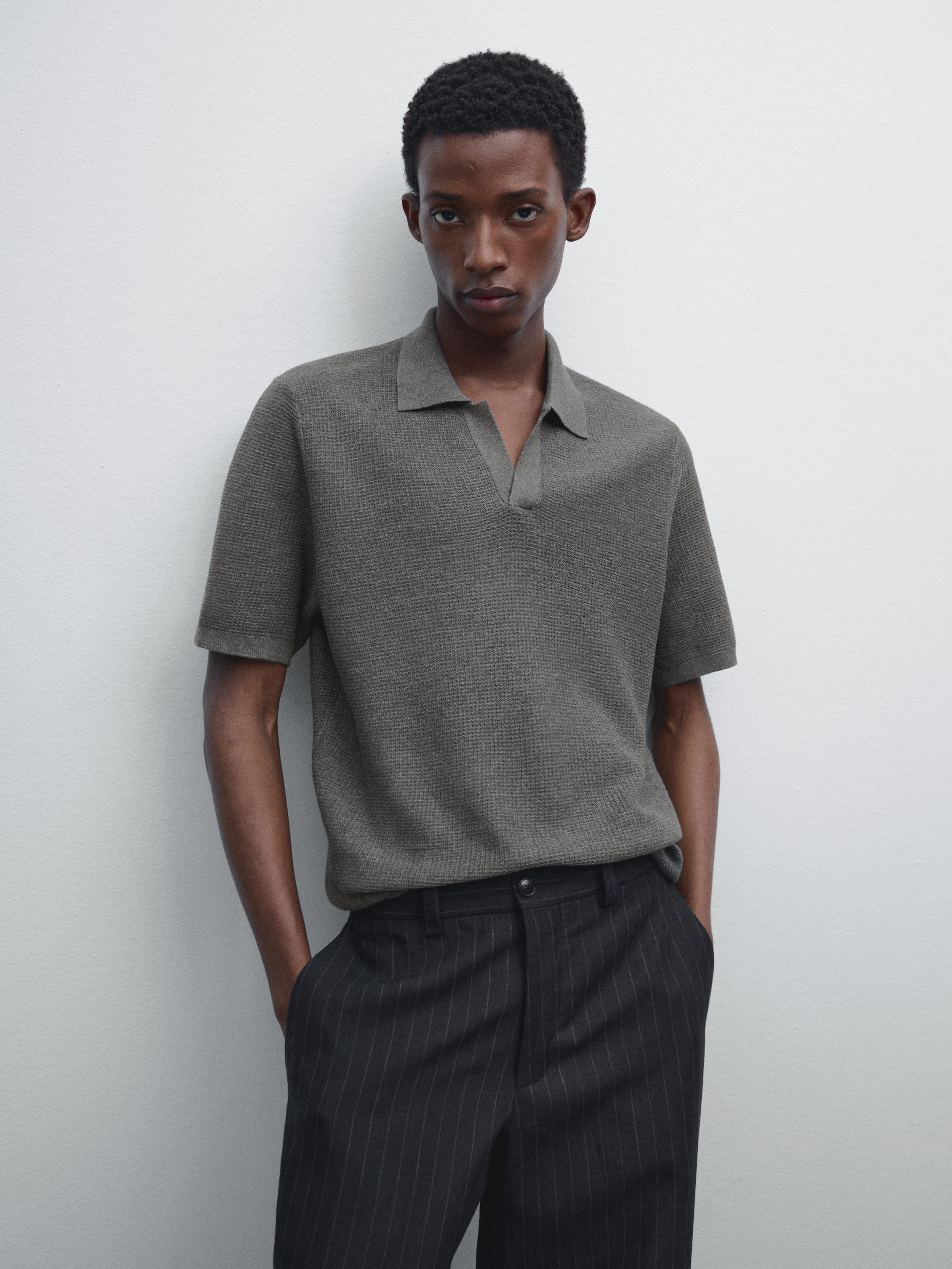 Linen blend textured knit polo shirt - Anthracite Gray Linen blend textured knit polo shirt - Anthracite Gray