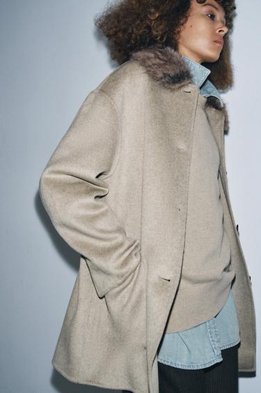 MANTEAU AVEC LAINE COL EFFET FOURRURE ZW COLLECTION - Marron clair de Zara - Image 1