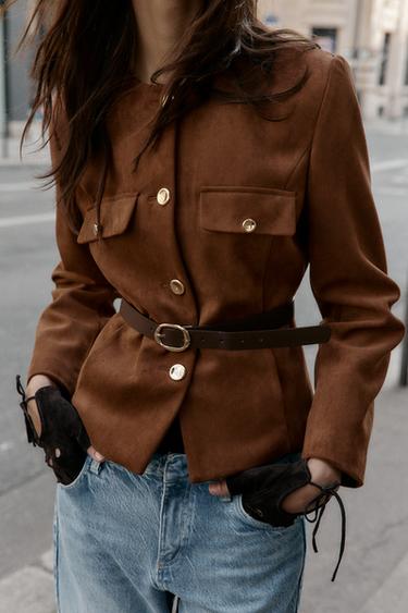 FAUX SUEDE BLAZER WITH BELT - Caramel by Zara
