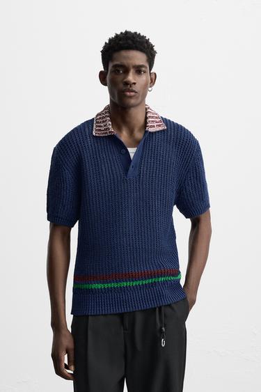 POLO TRICOTAT CU STRUCTURĂ ÎN CONTRAST - Albastru de la Zara
