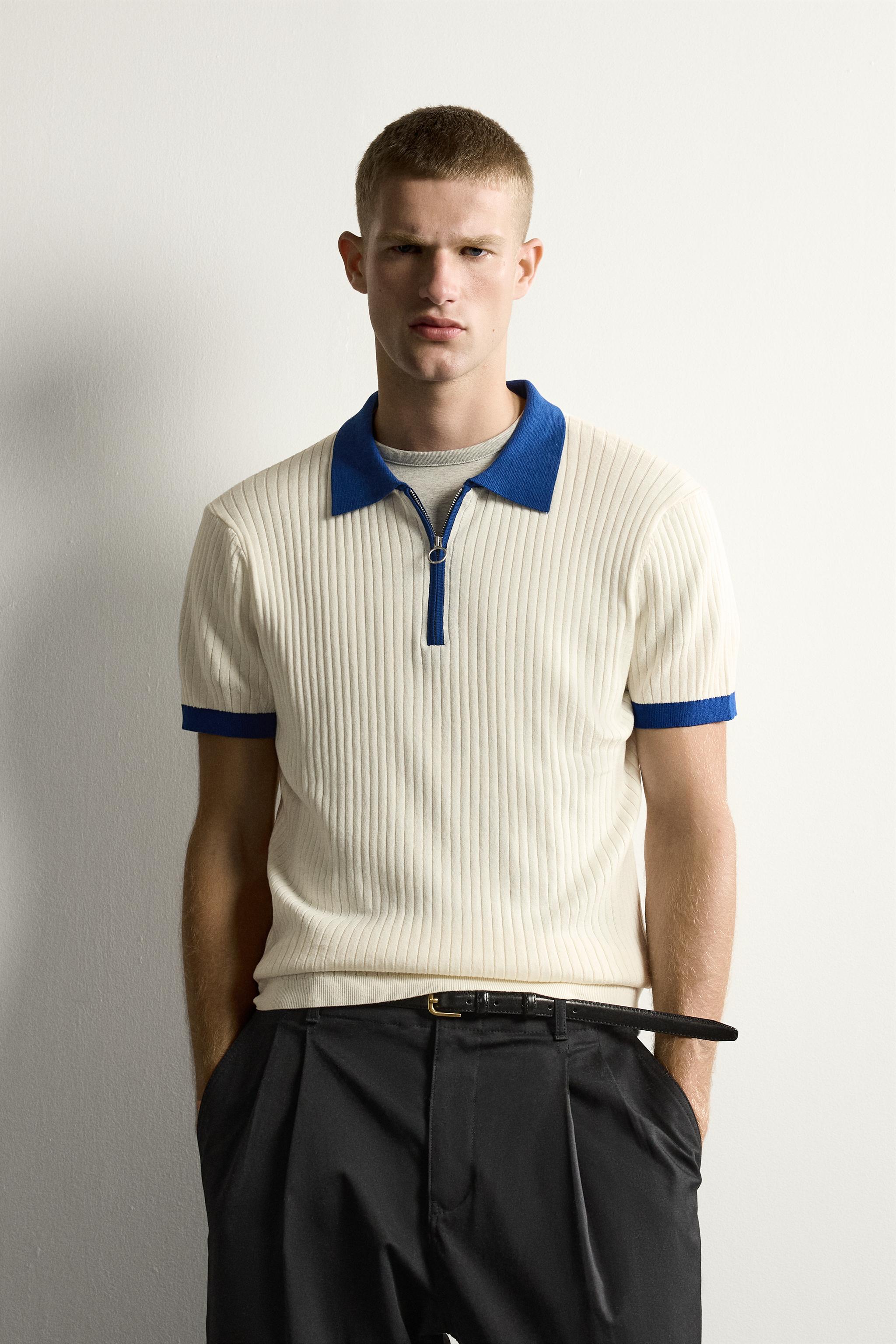 COLOR BLOCK ZIP KNIT POLO SHIRT — Ecru