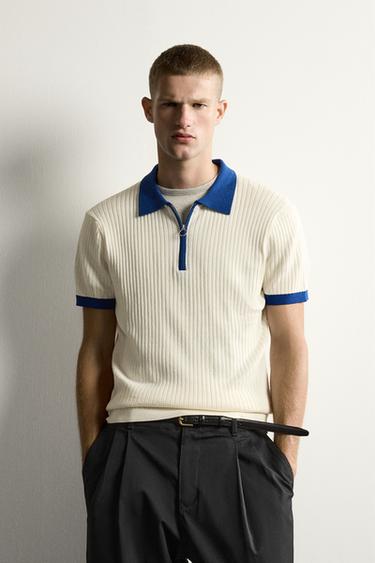 Zara COLOR BLOCK ZIP KNIT POLO - Ecru