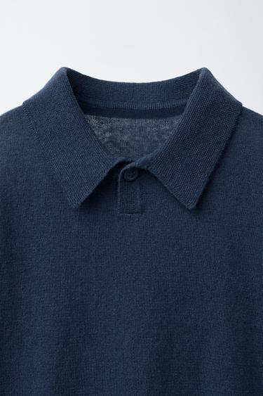LINEN COTTON KNIT POLO SHIRT - Navy blue by Zara