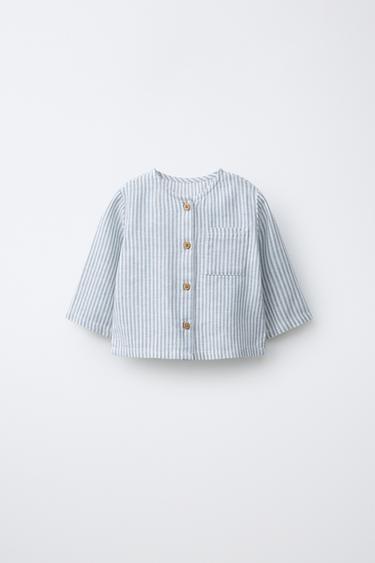 قميص مخطط من الكتان - أزرق / أبيض الخاص بـ Zara - صورة 0