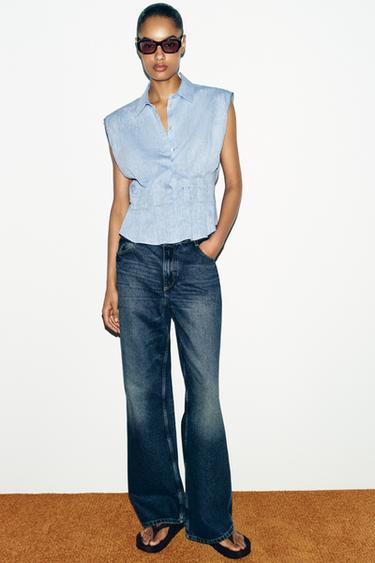 Zara LINEN DARTED TOP - Blue