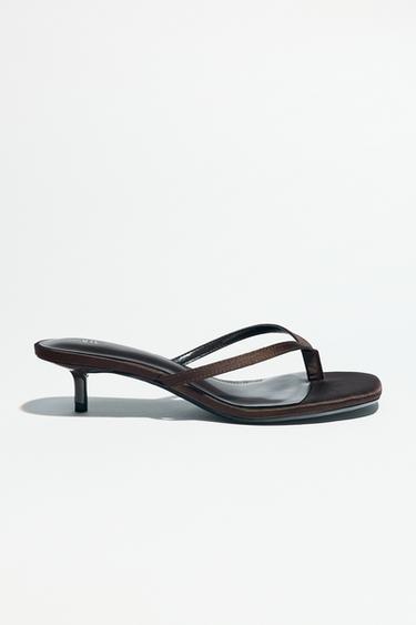SATIN KITTEN-HEEL SANDALS - Brown by Zara