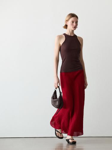 Zara 100% linen flounce midi skirt - Red