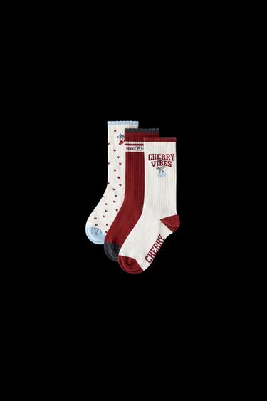 Zara THREE-PACK OF CHERRY AND TEXT SOCKS - Ecru - Image 0