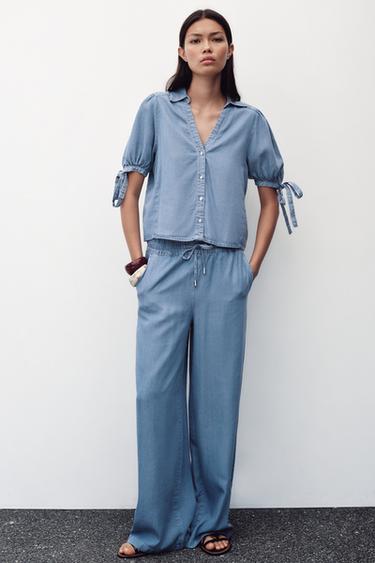 SHORT SLEEVE SHIRT WITH TIES - Light blue by Zara