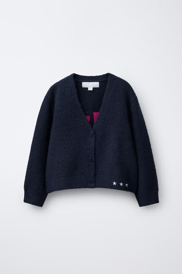 Zara 對比文字針織開襟衫 - 海藍色