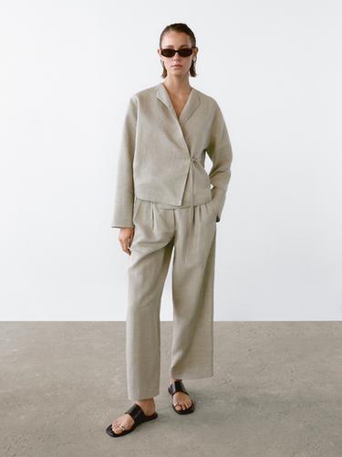 Zara Linen blend check print kimono - Beige - Image 0