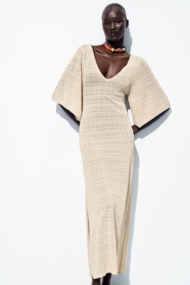 ROBE LONGUE EN MAILLE POINTELLE - Beige de Zara