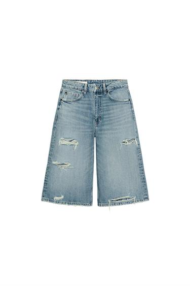 TRF MID-WAIST RIPPED DENIM JORTS - Blue by Zara