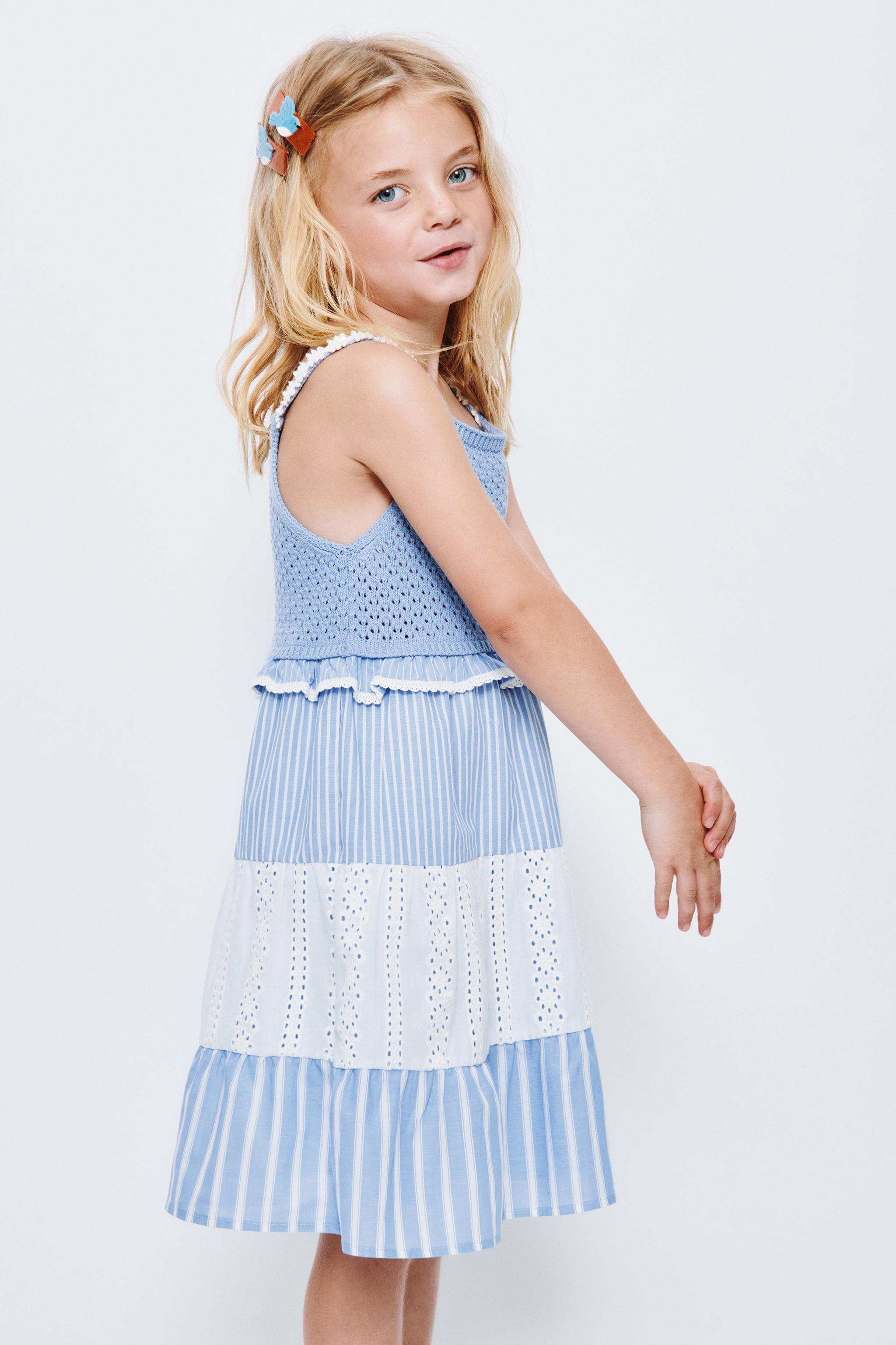 STRIPED AND SWISS EMBROIDERED KNIT DRESS — Blue / White