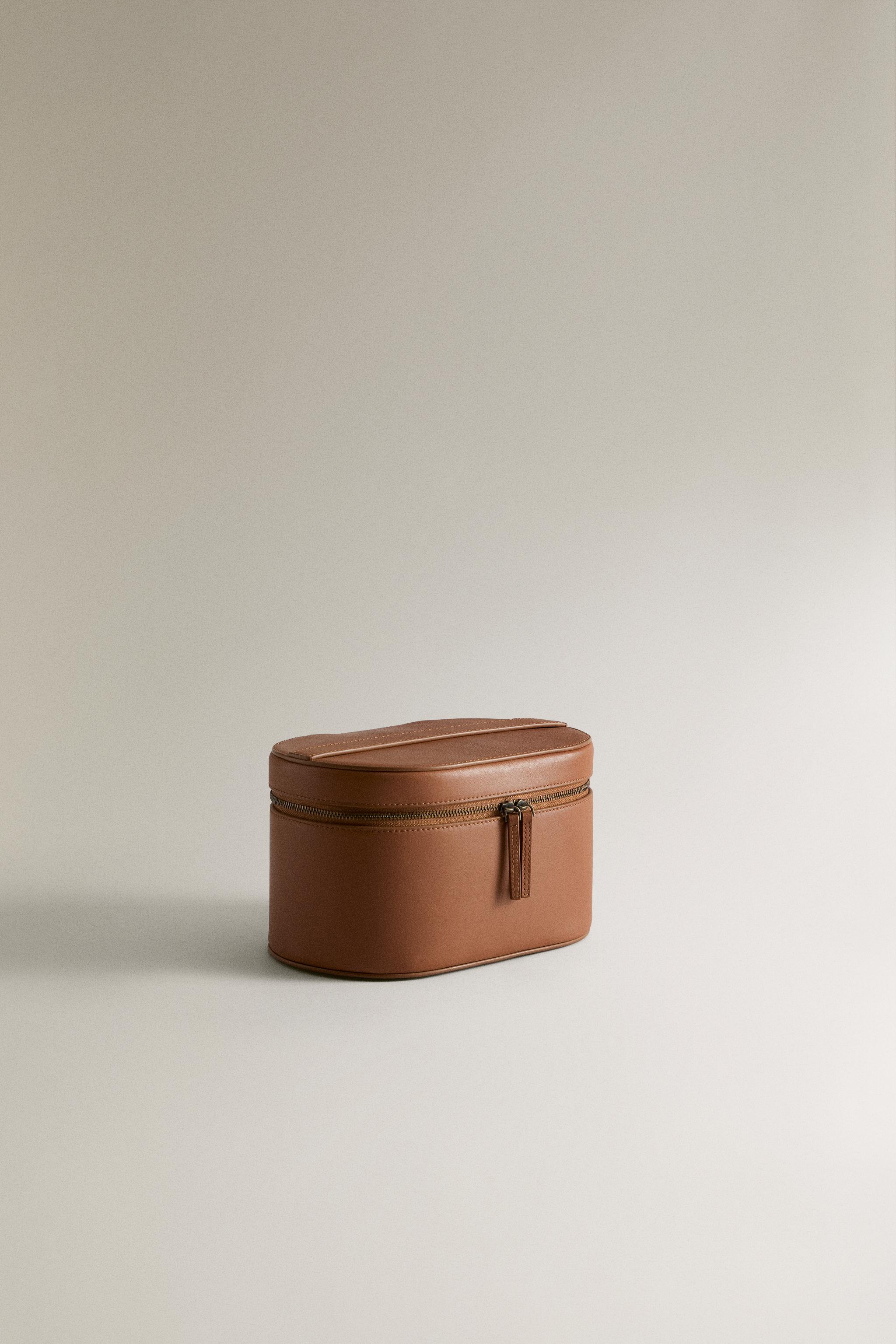SMALL RIGID LEATHER MAKEUP BAG — Brown