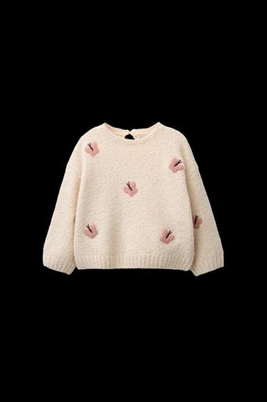 Zara BUTTERFLY EMBROIDERED KNIT SWEATER - Light beige