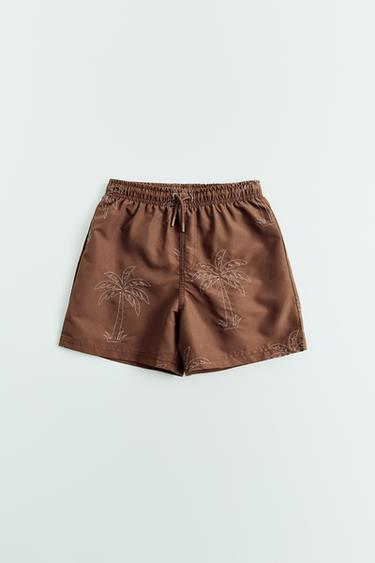 Zara 6-14 YEARS/ EMBROIDERED PALM TREE SWIM SHORTS - Brown