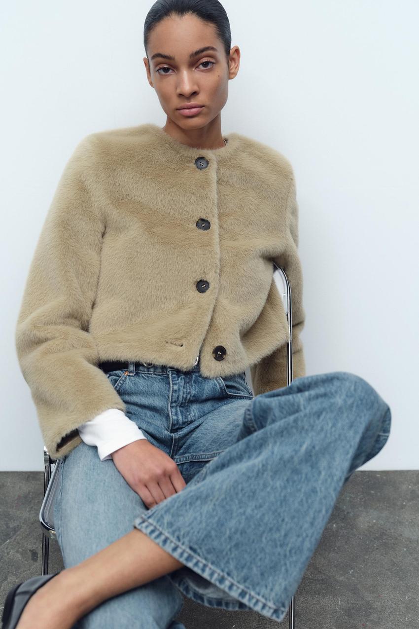 クロップドフェイクファージャケット - ゴールデンブラウン | ZARA 