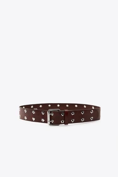 LEATHER HEARTS AND FLOWERS BELT - Brown by Zara - Image 1