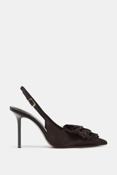 Zara SATIN EFFECT SLINGBACK HEELS WITH BOW - Brown