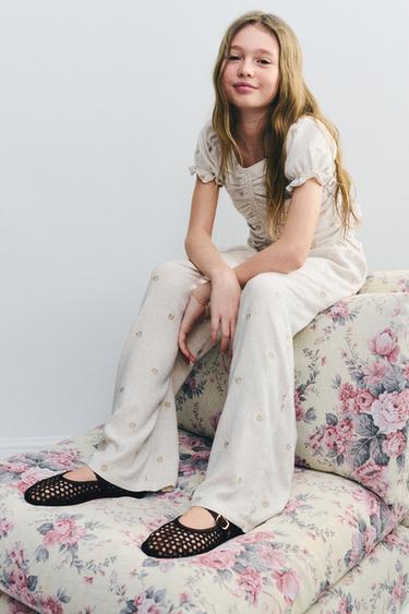 EMBROIDERED FLORAL WIDE-LEG LINEN TROUSERS - Sand by Zara