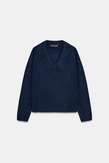 Zara SOFT KNIT V-NECK SWEATER - Navy blue