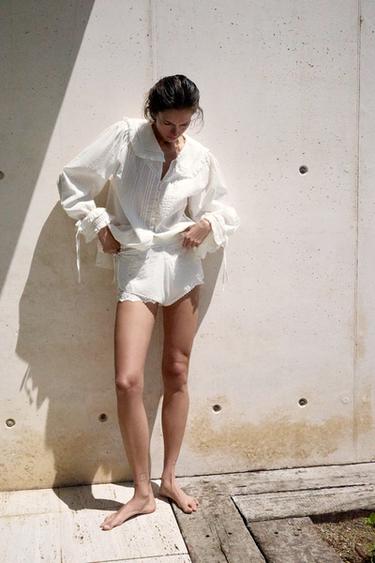 100% COTTON BLOUSE WITH LACE EMBROIDERY - Oyster-white by Zara - Image 3