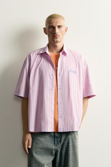 Zara STRIPED EMBROIDERED BOXY FIT SHIRT - Violet