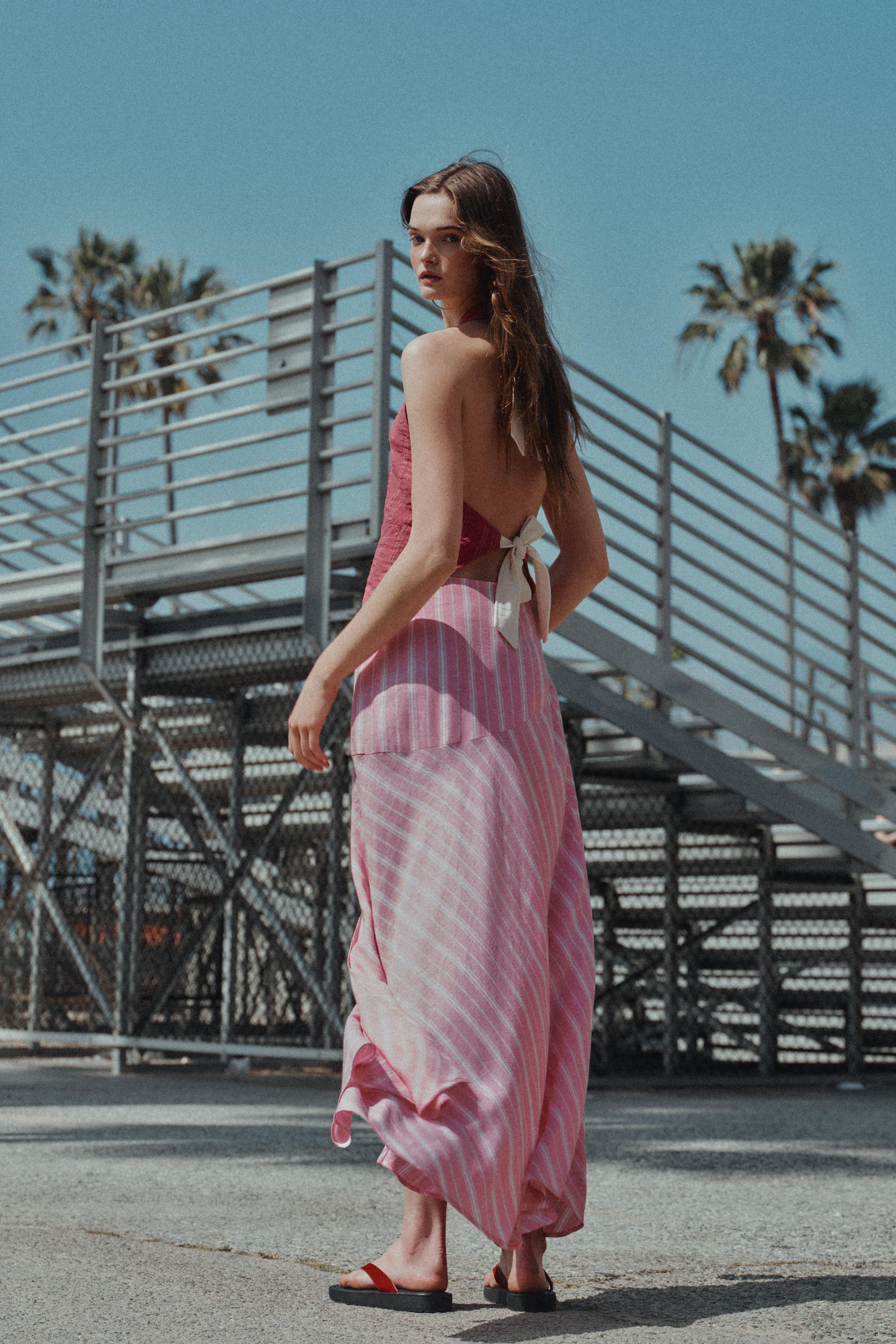 STRIPED LINEN MIDI SKIRT