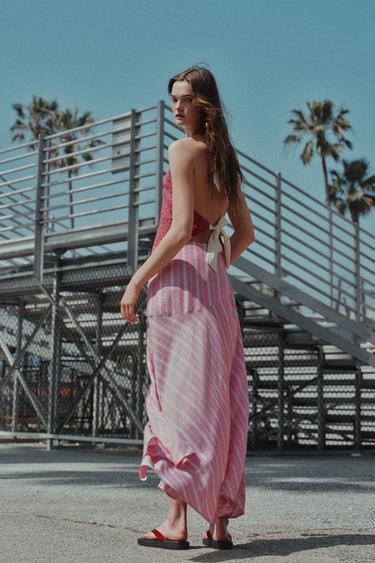 JUPE MI-LONGUE EN LIN À RAYURES - Rose / Blanc de Zara - Image 4