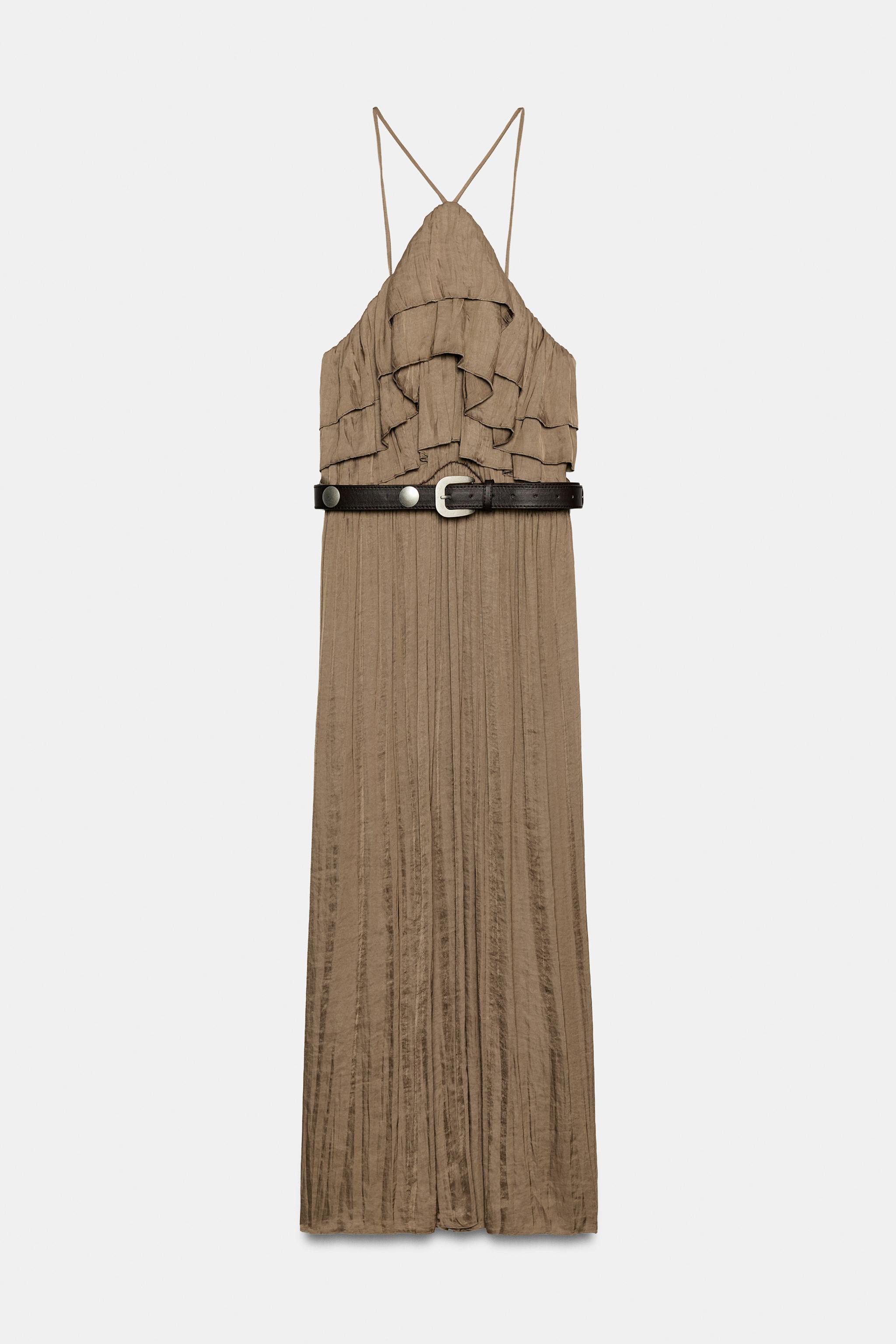 SATIN BELTED HALTER MIDI DRESS