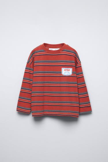 Zara PATCH STRIPED T-SHIRT - Brick