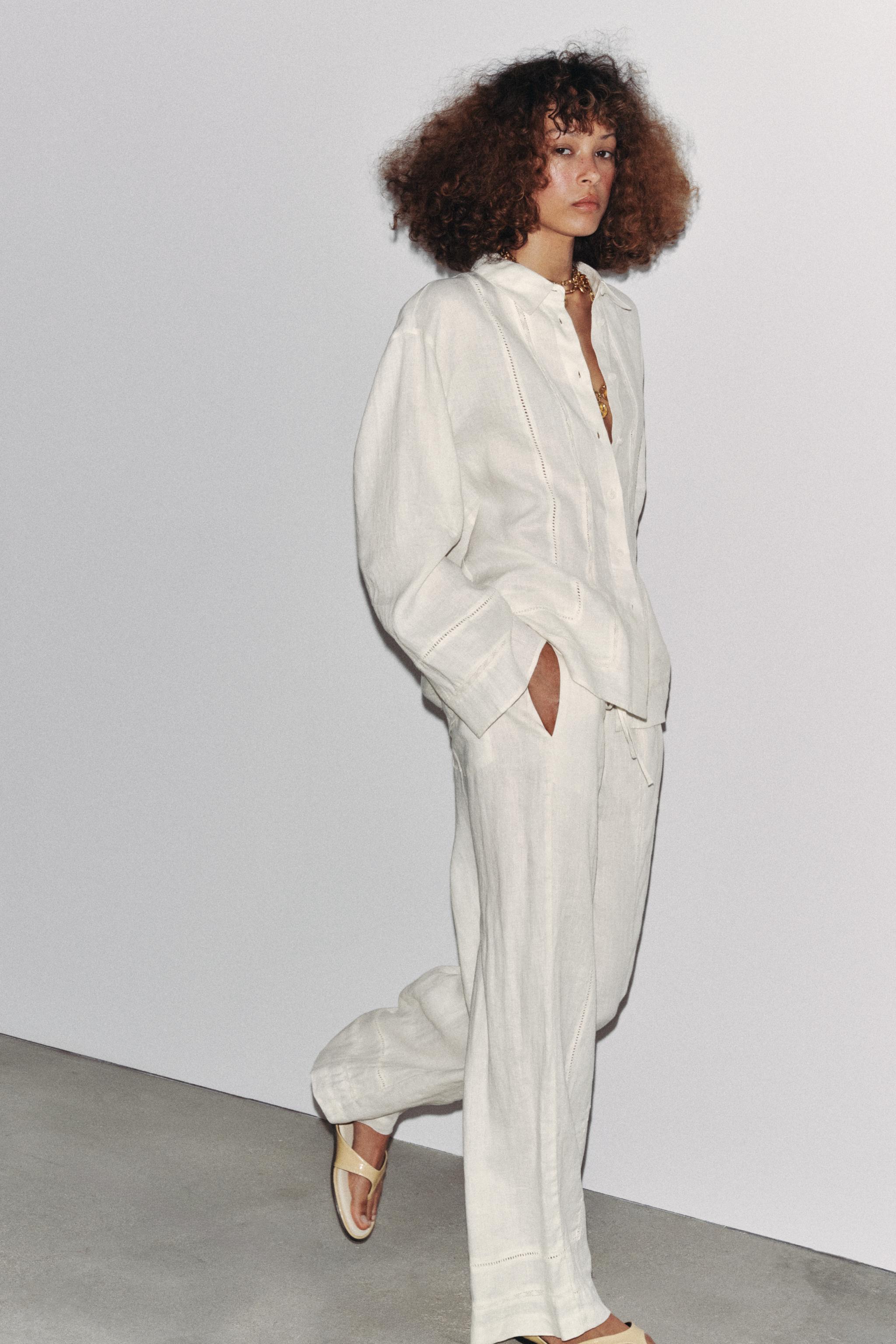 100% LINEN PANTS WITH TRIM ZW COLLECTION - Ecru | ZARA