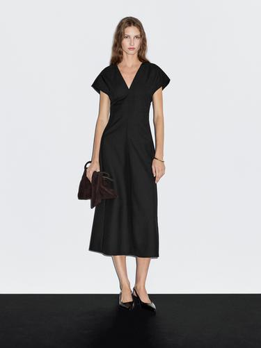 Zara Long wool blend V-neck dress - Black
