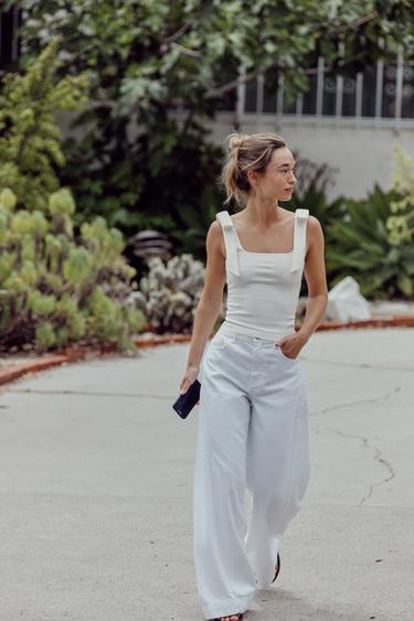 STRETCH TOP WITH BOWS - Oyster-white by Zara