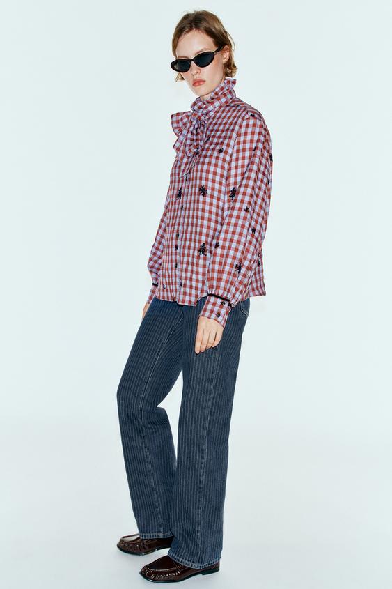 Женская рубашка Zara Check with Bow and Velvet Details, цвет: Синий