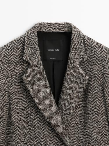 Zara Herringbone wool blend blazer with high collar - Gray