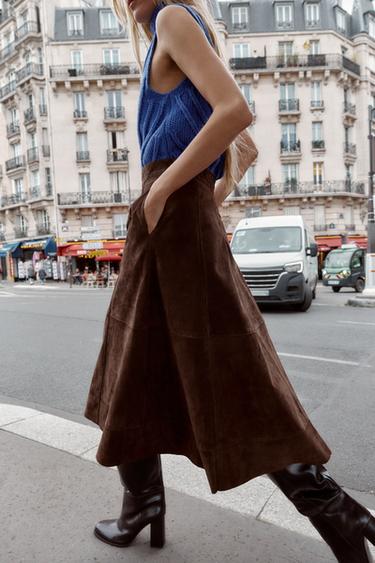 100% SUEDE LEATHER LAYERED SKIRT - Dark brown by Zara