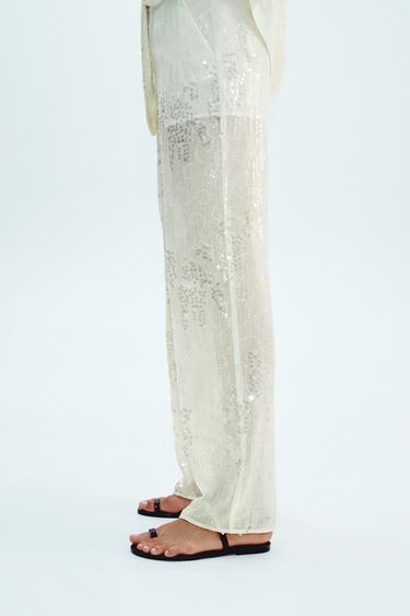SEQUINNED STRAIGHT-LEG TROUSERS - Oyster-white by Zara