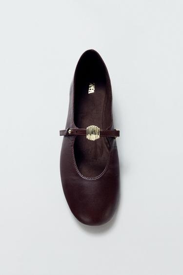 LEATHER BALLERINAS WITH ANKLE STRAP - Burgundy Red by Zara